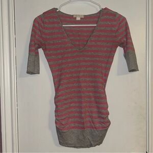 Guess Jeans Pink & Grey Striped V-Neck Tee